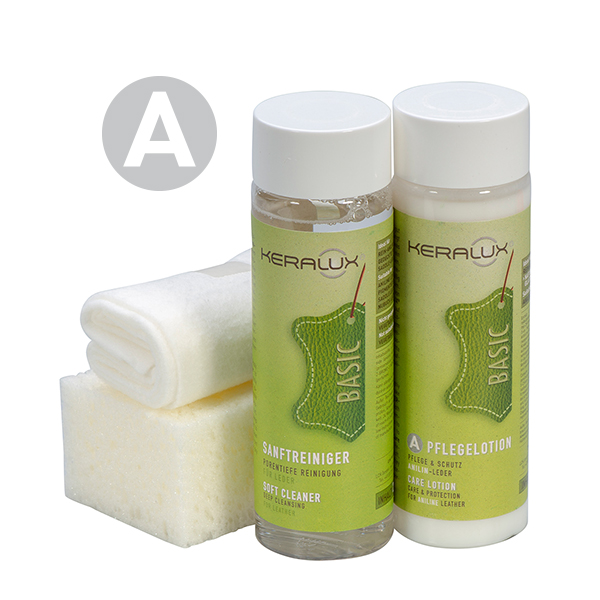 Keralux Leather Care Set A – komplet za njegu anilinske kože, 200 ml čistača i losiona s priborom