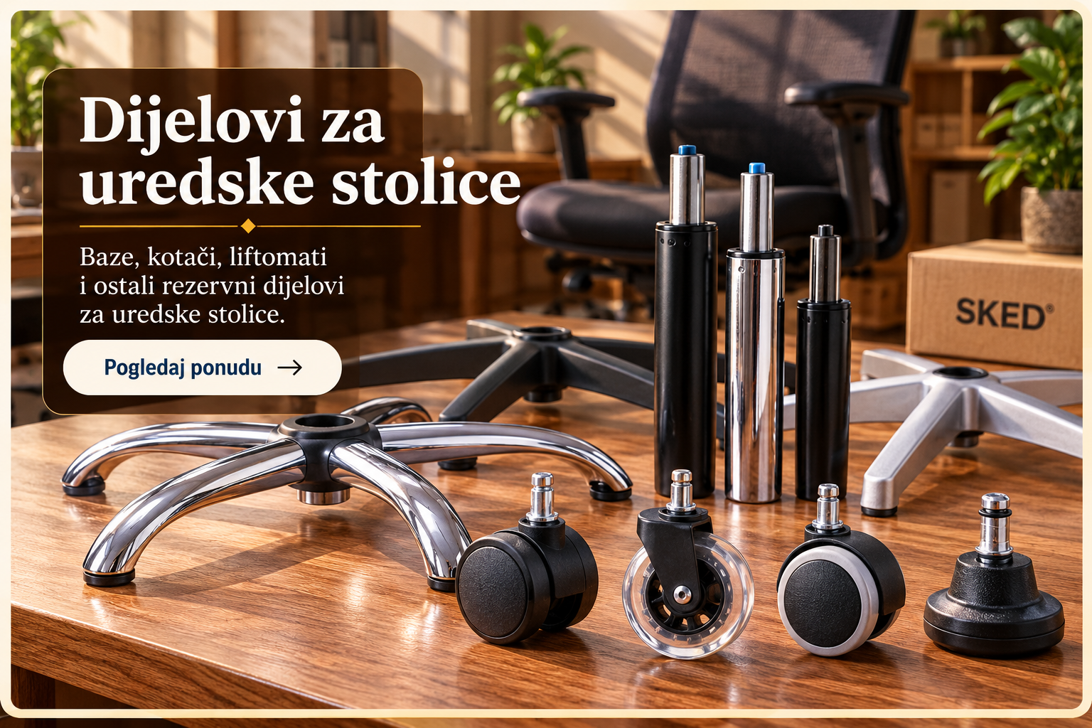 Rezervni dijelovi za uredske stolice – baze, kotačići, liftomati i stopice – SKED