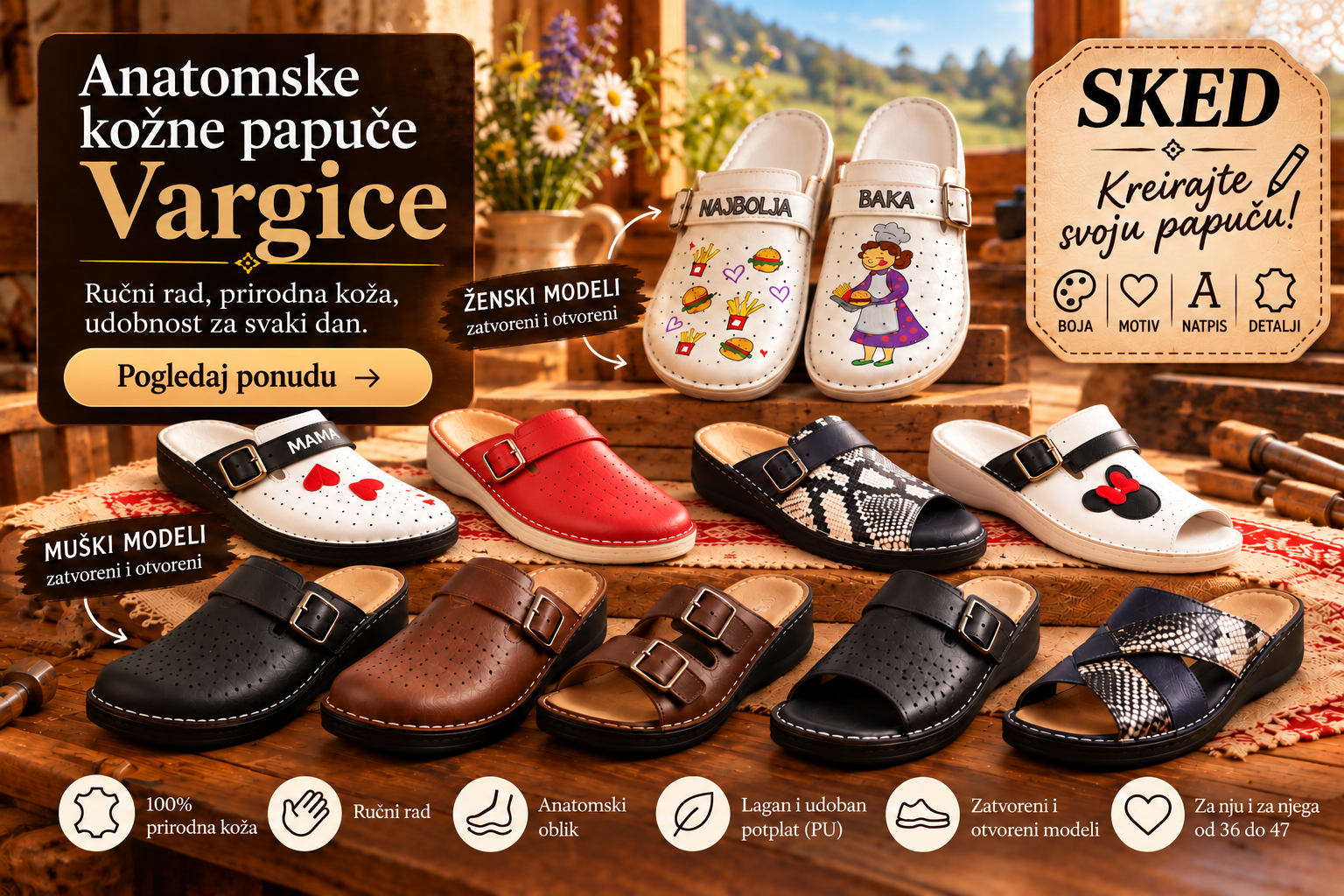 Vargice – ručno izrađene kožne anatomske papuče za žene i muškarce, s mogućnošću personalizacije – SKED